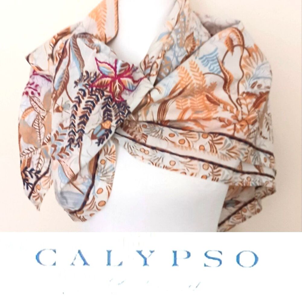 NEW Calypso St Barth Cotton Scarf /Wrap Floral Print Embroidered Accents 40"
